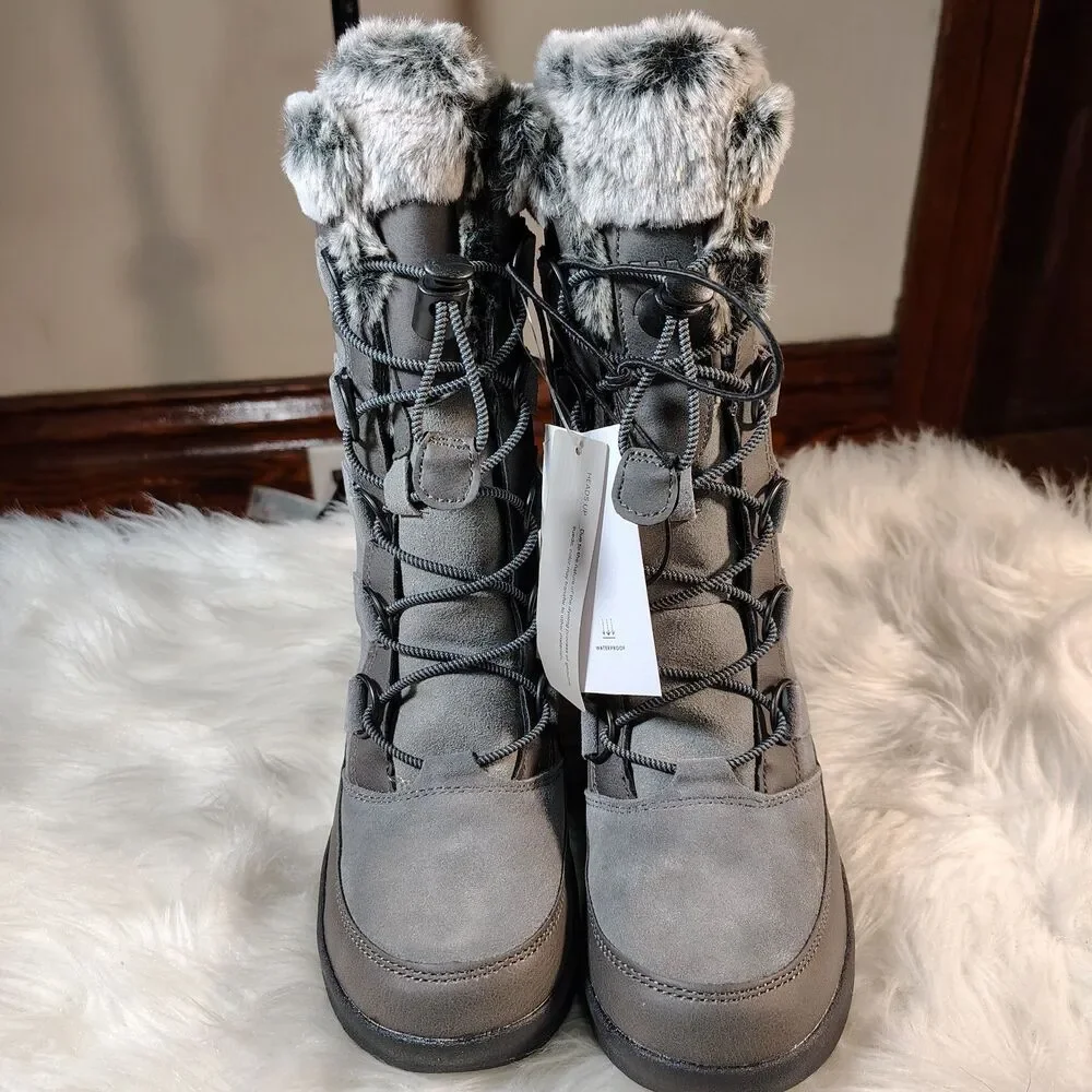 Insulated Winter Boot Grey Suede W Faux Fur Lining All In Motion Girls Sz 1 NWTS